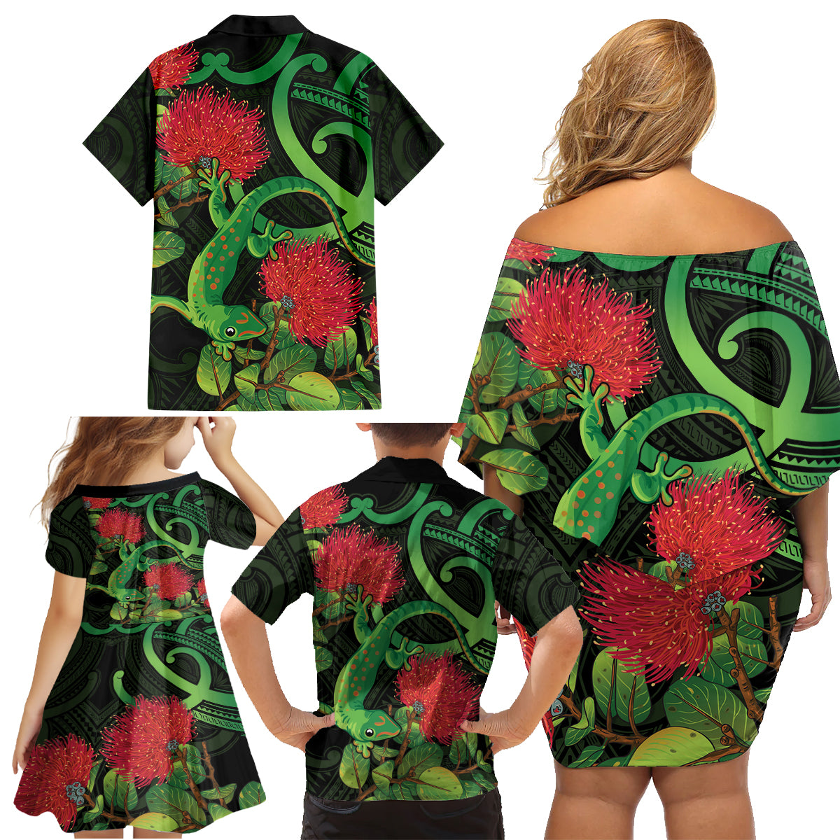 New Zealand Gecko Family Matching Off Shoulder Short Dress and Hawaiian Shirt Aotearoa Maori With Pohutukawa Flowers LT14 - Polynesian Pride