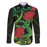 New Zealand Gecko Family Matching Off Shoulder Short Dress and Hawaiian Shirt Aotearoa Maori With Pohutukawa Flowers LT14 Dad's Shirt - Long Sleeve Black - Polynesian Pride