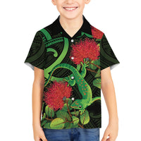 New Zealand Gecko Family Matching Off Shoulder Short Dress and Hawaiian Shirt Aotearoa Maori With Pohutukawa Flowers LT14 Son's Shirt Black - Polynesian Pride