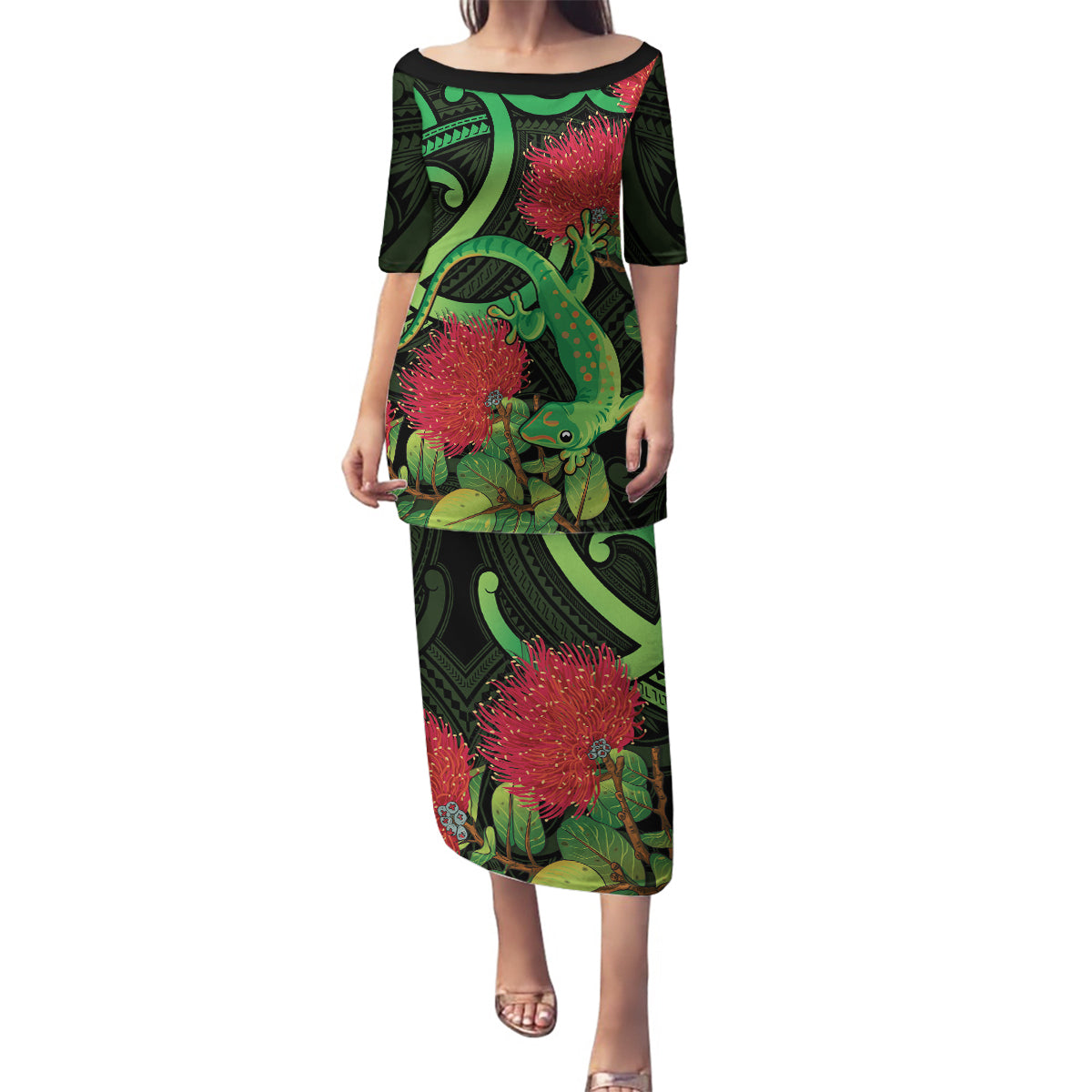 New Zealand Gecko Family Matching Puletasi and Hawaiian Shirt Aotearoa Maori With Pohutukawa Flowers LT14 Mom's Dress Black - Polynesian Pride