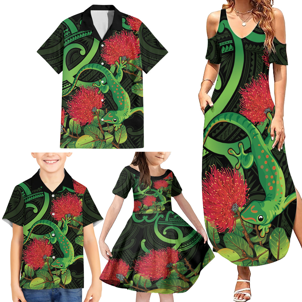 New Zealand Gecko Family Matching Summer Maxi Dress and Hawaiian Shirt Aotearoa Maori With Pohutukawa Flowers LT14 - Polynesian Pride