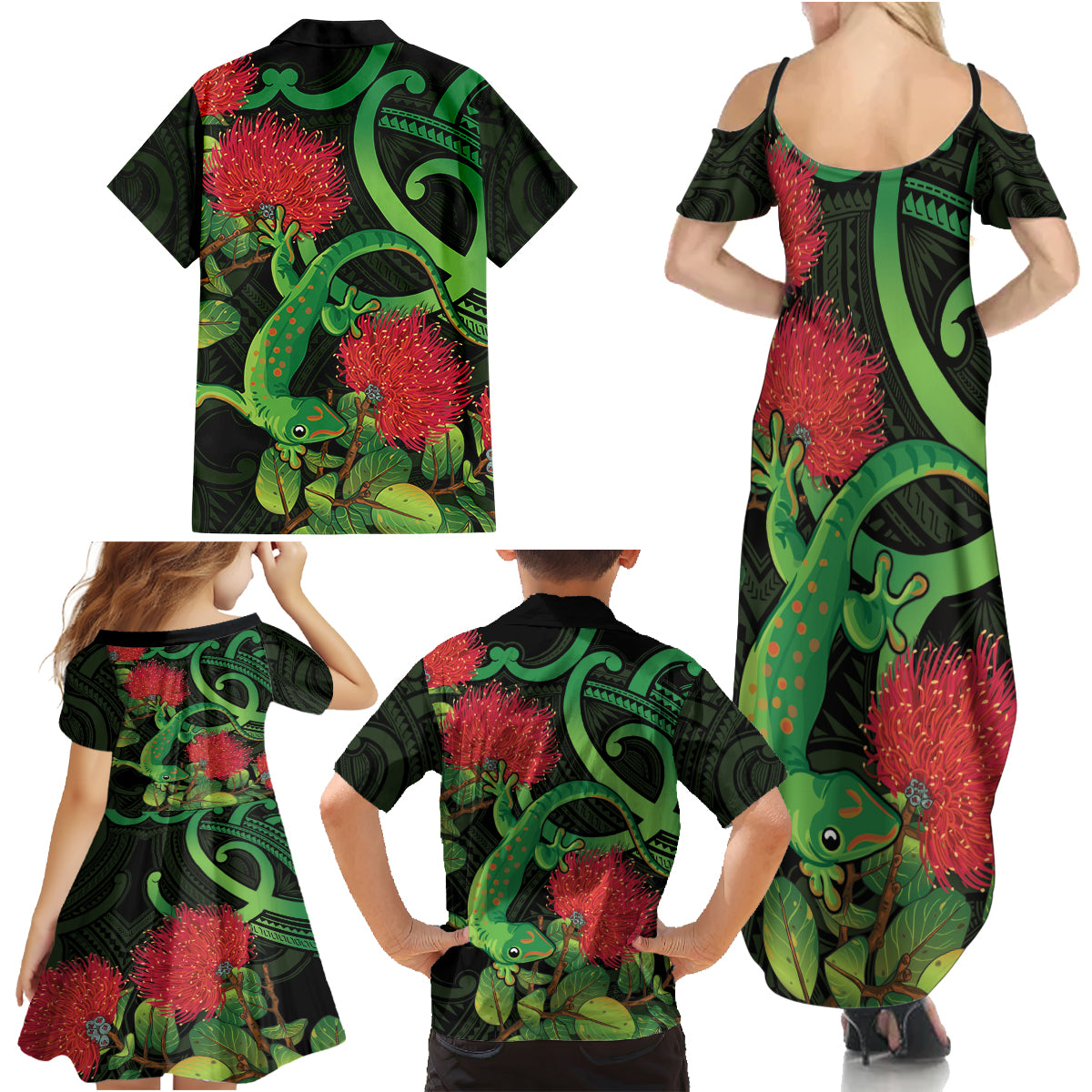 New Zealand Gecko Family Matching Summer Maxi Dress and Hawaiian Shirt Aotearoa Maori With Pohutukawa Flowers LT14 - Polynesian Pride
