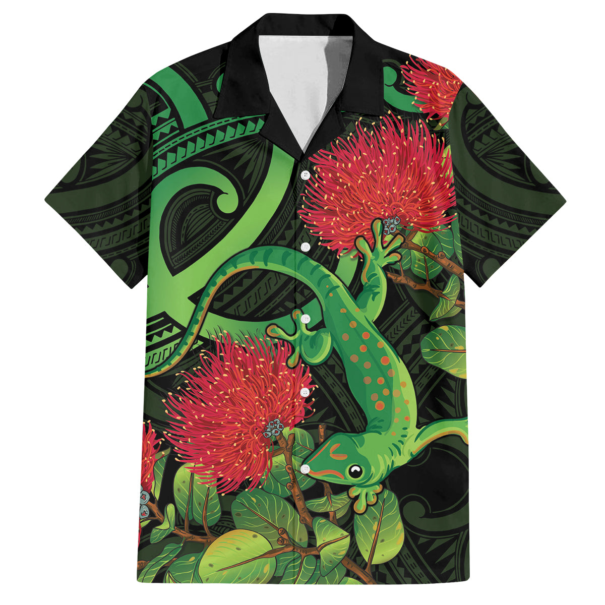 New Zealand Gecko Family Matching Summer Maxi Dress and Hawaiian Shirt Aotearoa Maori With Pohutukawa Flowers LT14 Dad's Shirt - Short Sleeve Black - Polynesian Pride