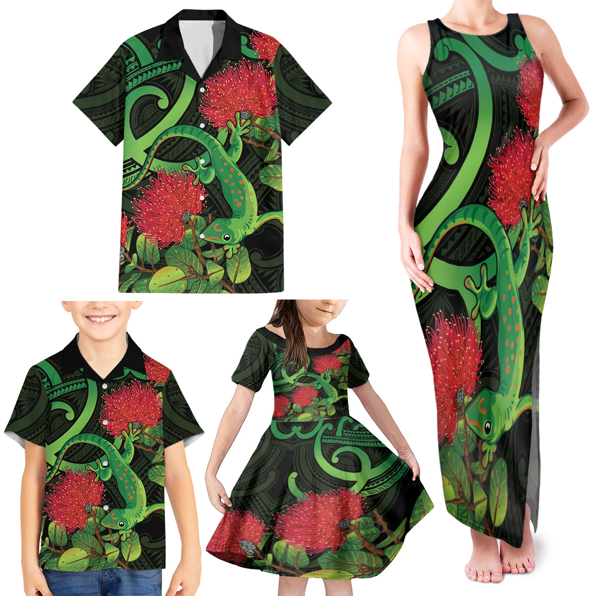 New Zealand Gecko Family Matching Tank Maxi Dress and Hawaiian Shirt Aotearoa Maori With Pohutukawa Flowers LT14 - Polynesian Pride