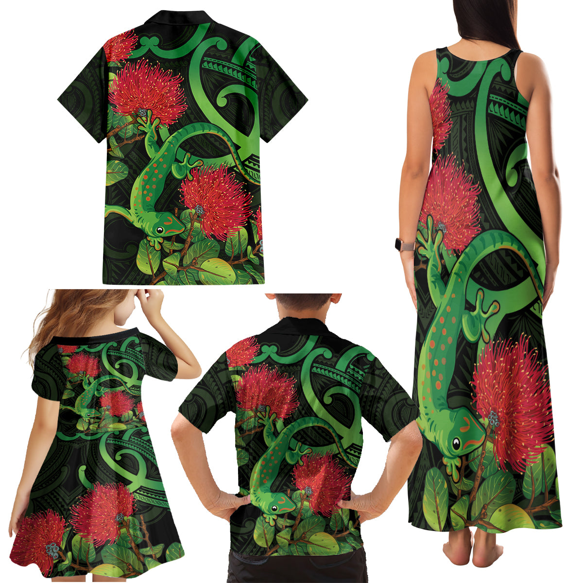 New Zealand Gecko Family Matching Tank Maxi Dress and Hawaiian Shirt Aotearoa Maori With Pohutukawa Flowers LT14 - Polynesian Pride