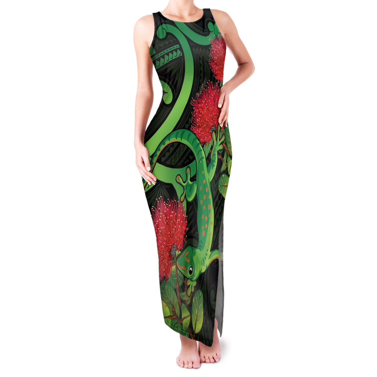 New Zealand Gecko Family Matching Tank Maxi Dress and Hawaiian Shirt Aotearoa Maori With Pohutukawa Flowers LT14 Mom's Dress Black - Polynesian Pride