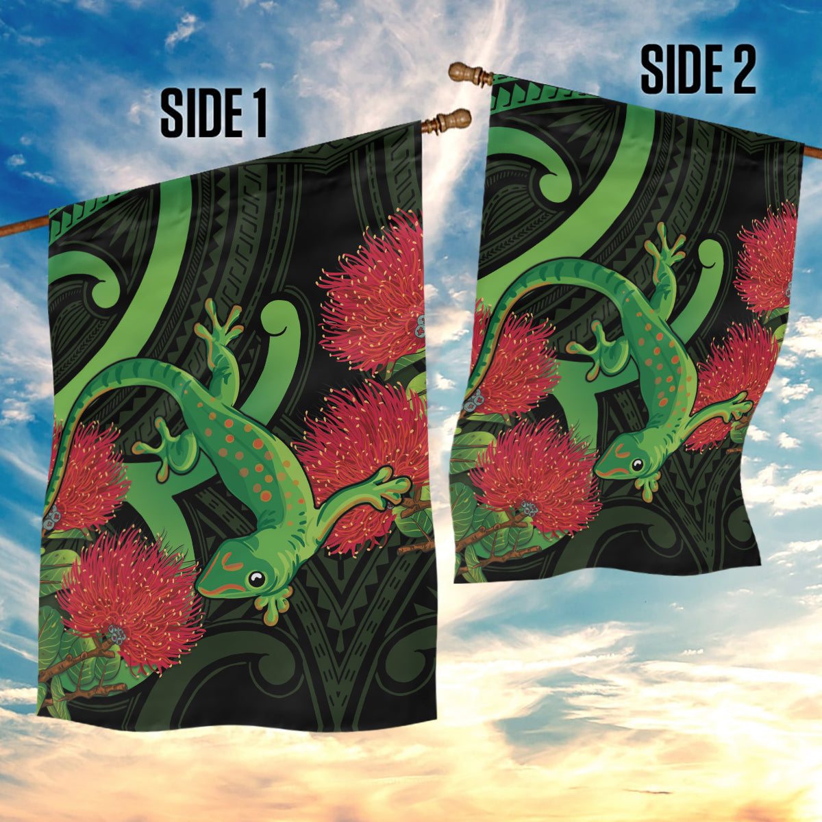 New Zealand Gecko Garden Flag Aotearoa Maori With Pohutukawa Flowers LT14 - Polynesian Pride