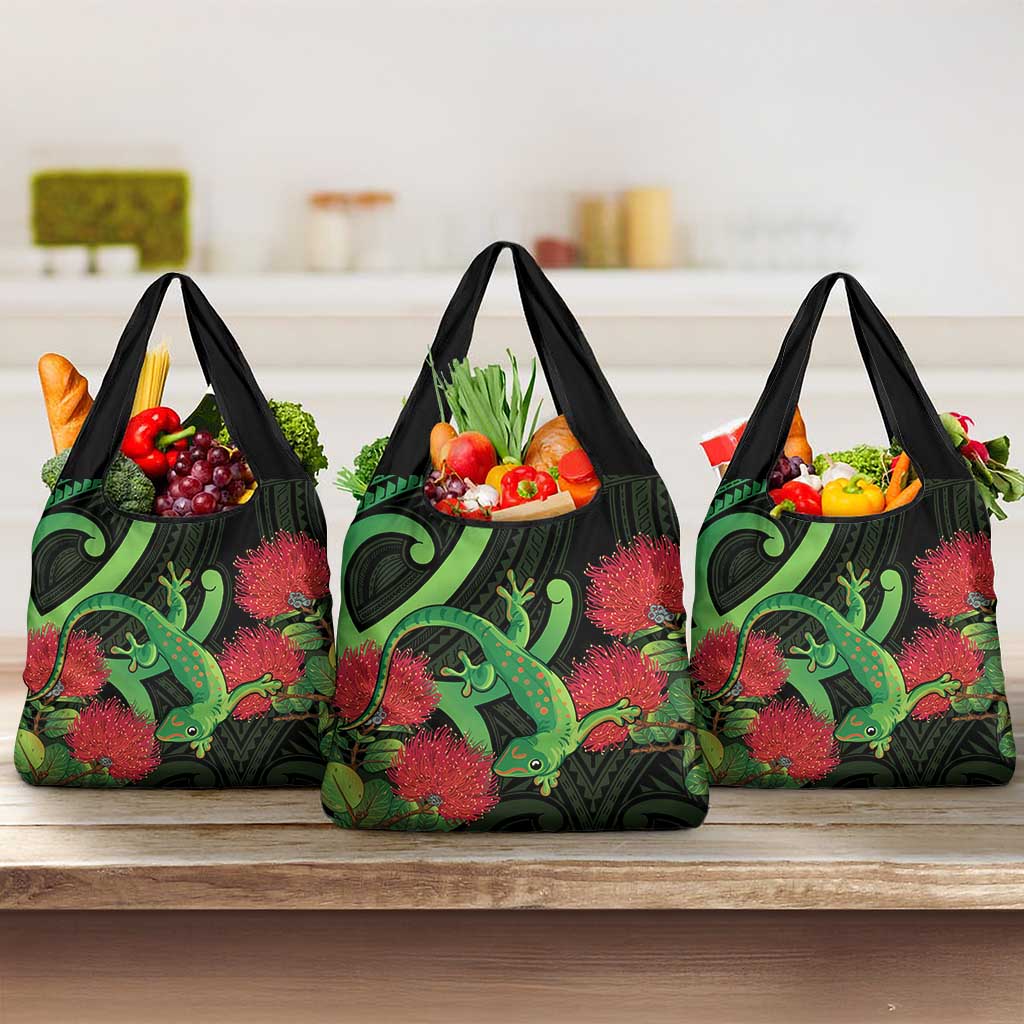 New Zealand Gecko Grocery Bag Aotearoa Maori With Pohutukawa Flowers LT14 3-pack One Size Black - Polynesian Pride
