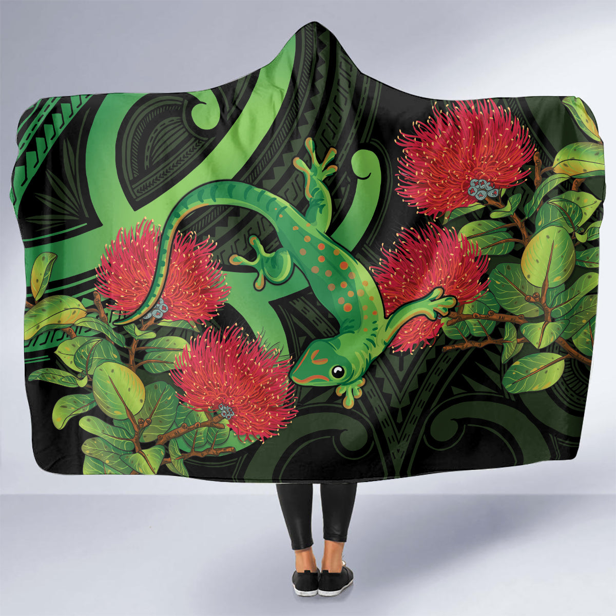 New Zealand Gecko Hooded Blanket Aotearoa Maori With Pohutukawa Flowers LT14 - Polynesian Pride