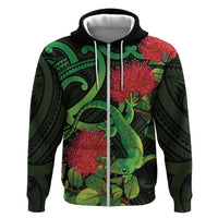 New Zealand Gecko Hoodie Aotearoa Maori With Pohutukawa Flowers LT14 Zip Hoodie Black - Polynesian Pride