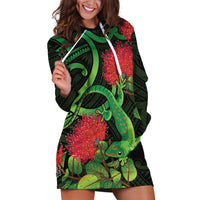 New Zealand Gecko Hoodie Dress Aotearoa Maori With Pohutukawa Flowers LT14 Black - Polynesian Pride