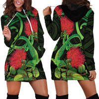 New Zealand Gecko Hoodie Dress Aotearoa Maori With Pohutukawa Flowers LT14 - Polynesian Pride