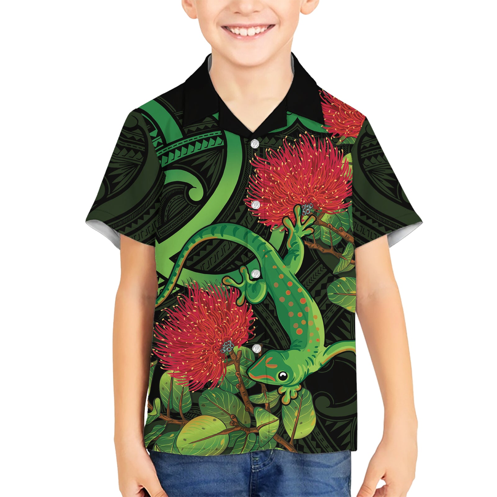 New Zealand Gecko Kid Hawaiian Shirt Aotearoa Maori With Pohutukawa Flowers LT14 Kid Black - Polynesian Pride