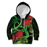 New Zealand Gecko Kid Hoodie Aotearoa Maori With Pohutukawa Flowers LT14 Hoodie Black - Polynesian Pride
