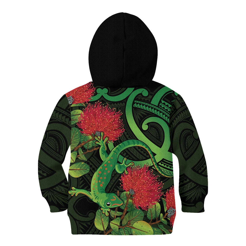 New Zealand Gecko Kid Hoodie Aotearoa Maori With Pohutukawa Flowers LT14 - Polynesian Pride