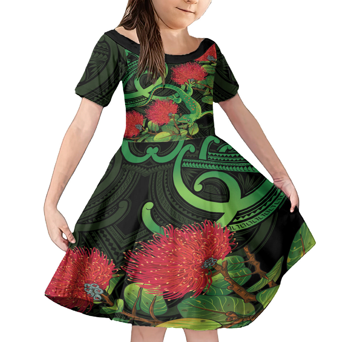 New Zealand Gecko Kid Short Sleeve Dress Aotearoa Maori With Pohutukawa Flowers LT14 KID Black - Polynesian Pride