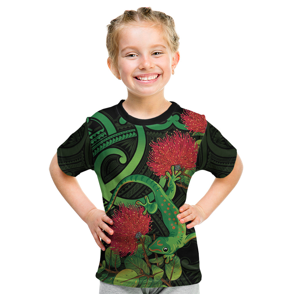 New Zealand Gecko Kid T Shirt Aotearoa Maori With Pohutukawa Flowers LT14 Black - Polynesian Pride