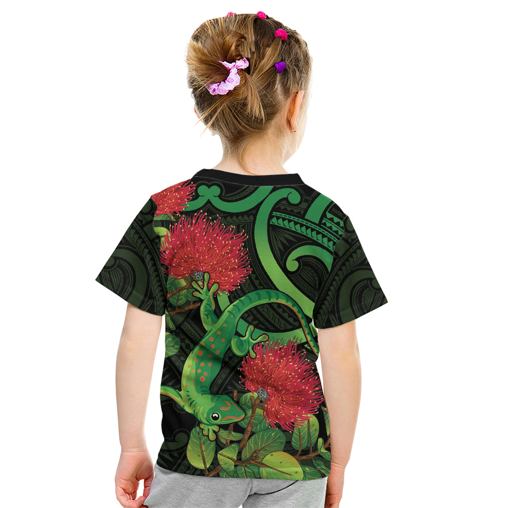New Zealand Gecko Kid T Shirt Aotearoa Maori With Pohutukawa Flowers LT14 - Polynesian Pride