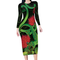 New Zealand Gecko Long Sleeve Bodycon Dress Aotearoa Maori With Pohutukawa Flowers LT14 Long Dress Black - Polynesian Pride