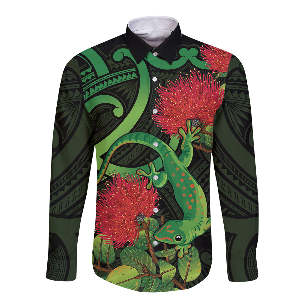 New Zealand Gecko Long Sleeve Button Shirt Aotearoa Maori With Pohutukawa Flowers LT14 Unisex Black - Polynesian Pride
