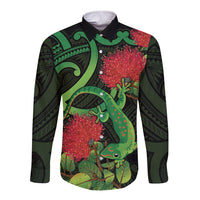 New Zealand Gecko Long Sleeve Button Shirt Aotearoa Maori With Pohutukawa Flowers LT14 Unisex Black - Polynesian Pride