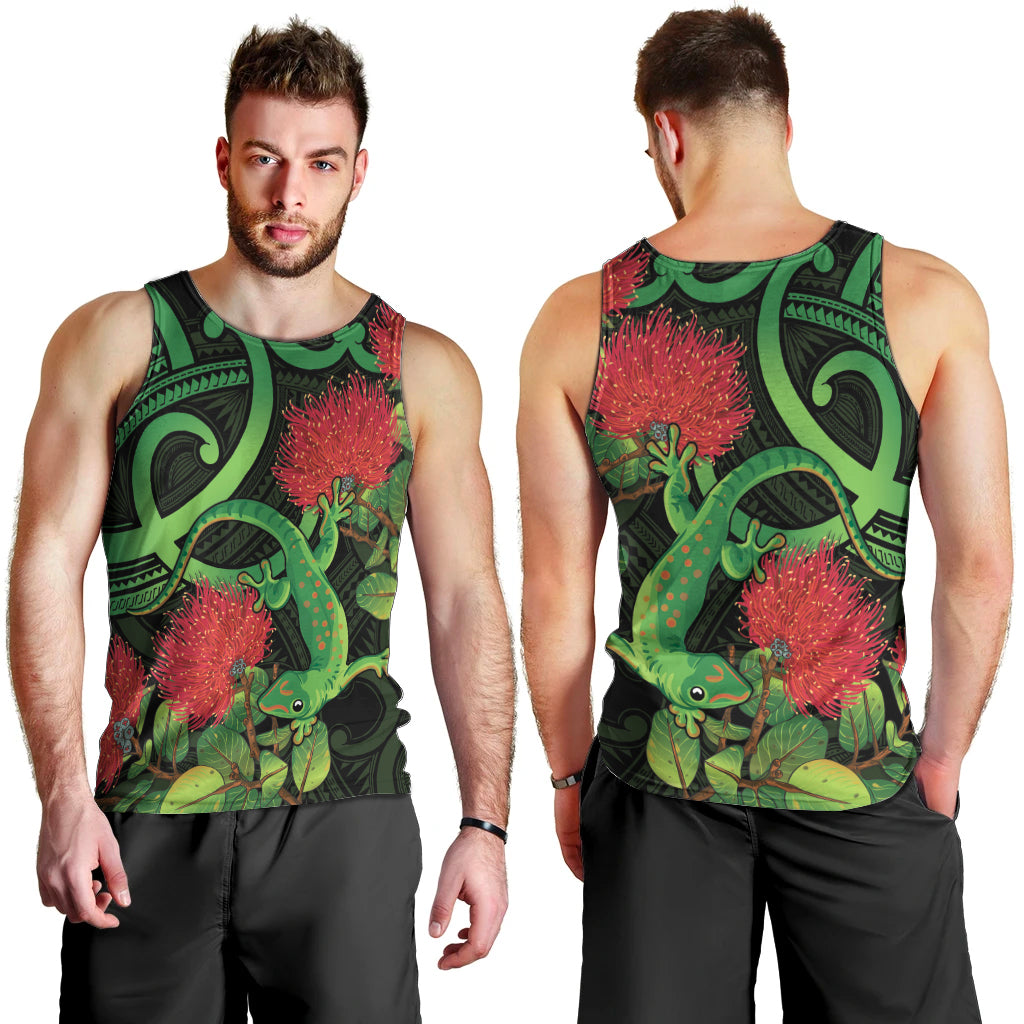 New Zealand Gecko Men Tank Top Aotearoa Maori With Pohutukawa Flowers LT14 - Polynesian Pride