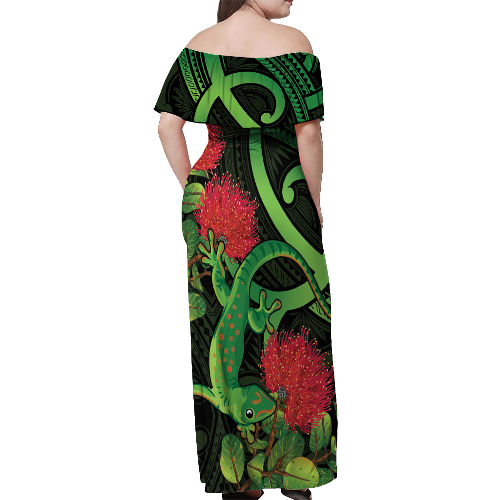 New Zealand Gecko Off Shoulder Maxi Dress Aotearoa Maori With Pohutukawa Flowers LT14 - Polynesian Pride
