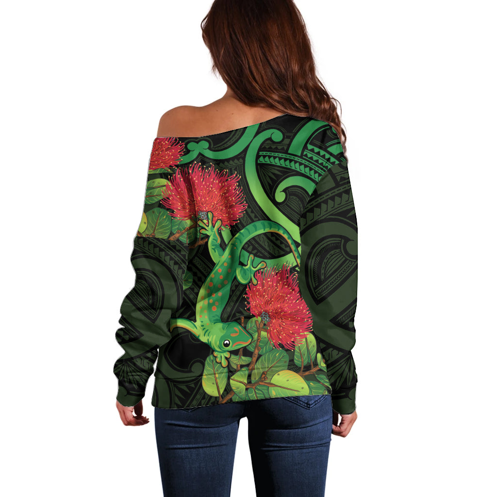 New Zealand Gecko Off Shoulder Sweater Aotearoa Maori With Pohutukawa Flowers LT14 - Polynesian Pride