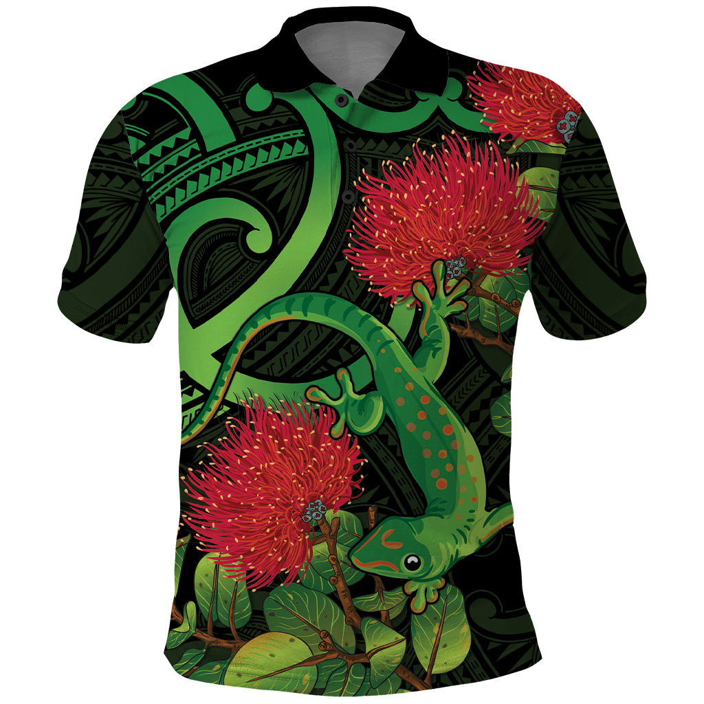 New Zealand Gecko Polo Shirt Aotearoa Maori With Pohutukawa Flowers LT14 Black - Polynesian Pride