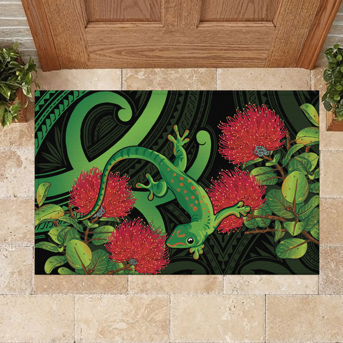 New Zealand Gecko Rubber Doormat Aotearoa Maori With Pohutukawa Flowers LT14 - Polynesian Pride