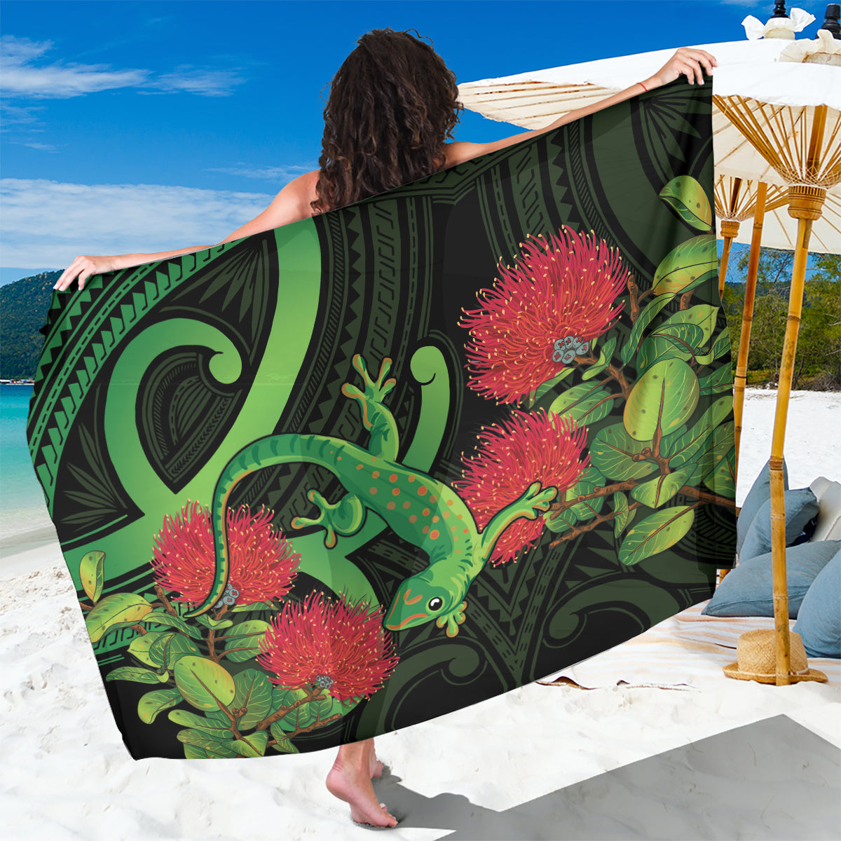 New Zealand Gecko Sarong Aotearoa Maori With Pohutukawa Flowers LT14 One Size 44 x 66 inches Black - Polynesian Pride