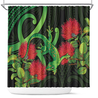 New Zealand Gecko Shower Curtain Aotearoa Maori With Pohutukawa Flowers LT14 Black - Polynesian Pride