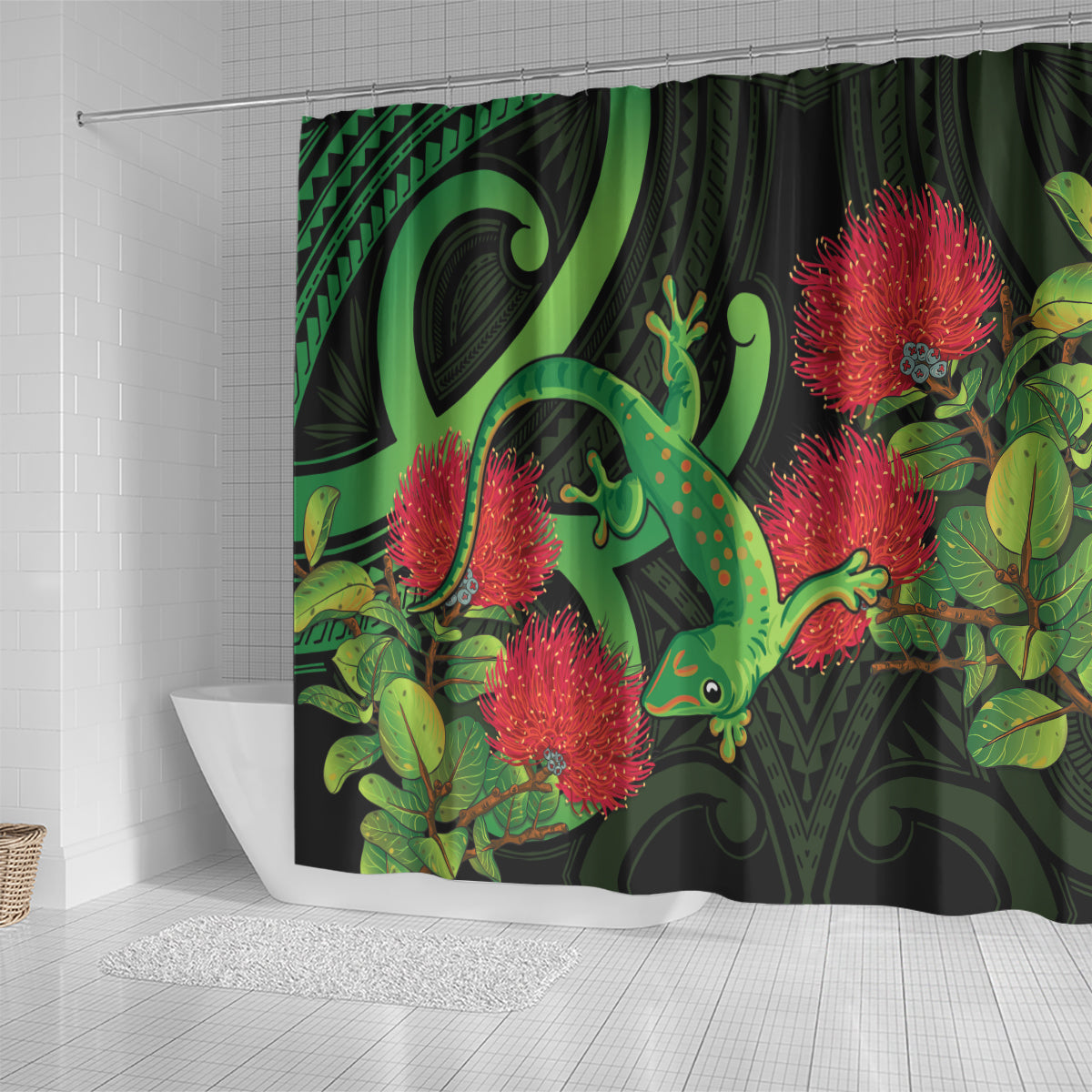 New Zealand Gecko Shower Curtain Aotearoa Maori With Pohutukawa Flowers LT14 - Polynesian Pride