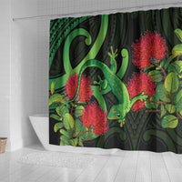New Zealand Gecko Shower Curtain Aotearoa Maori With Pohutukawa Flowers LT14 - Polynesian Pride