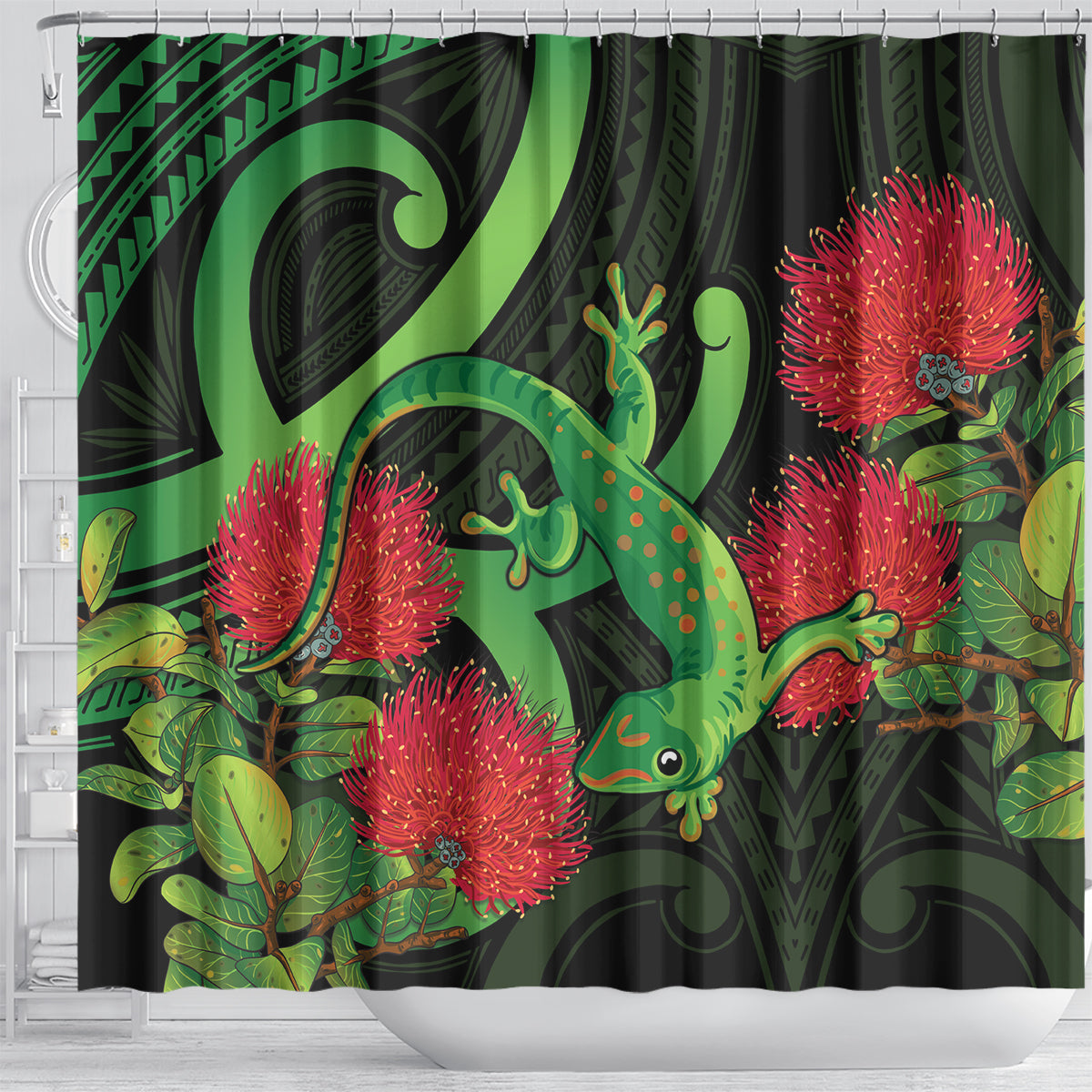 New Zealand Gecko Shower Curtain Aotearoa Maori With Pohutukawa Flowers LT14 - Polynesian Pride