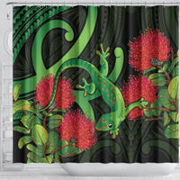 New Zealand Gecko Shower Curtain Aotearoa Maori With Pohutukawa Flowers LT14 - Polynesian Pride
