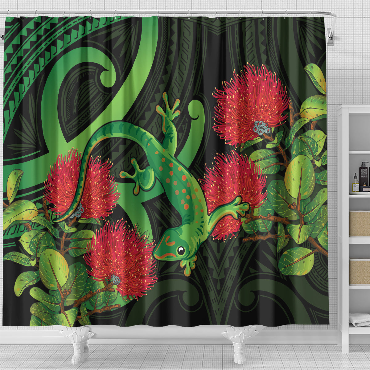 New Zealand Gecko Shower Curtain Aotearoa Maori With Pohutukawa Flowers LT14 - Polynesian Pride