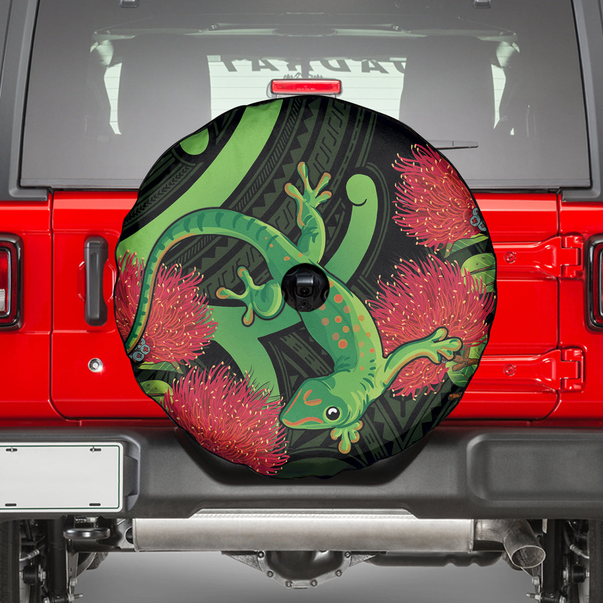 New Zealand Gecko Spare Tire Cover Aotearoa Maori With Pohutukawa Flowers LT14 - Polynesian Pride
