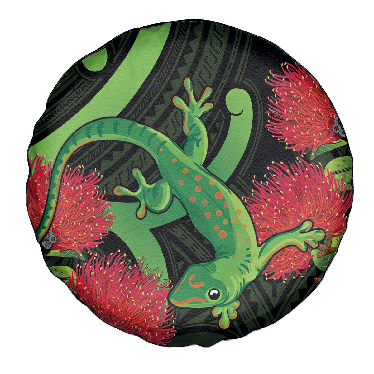 New Zealand Gecko Spare Tire Cover Aotearoa Maori With Pohutukawa Flowers LT14 - Polynesian Pride
