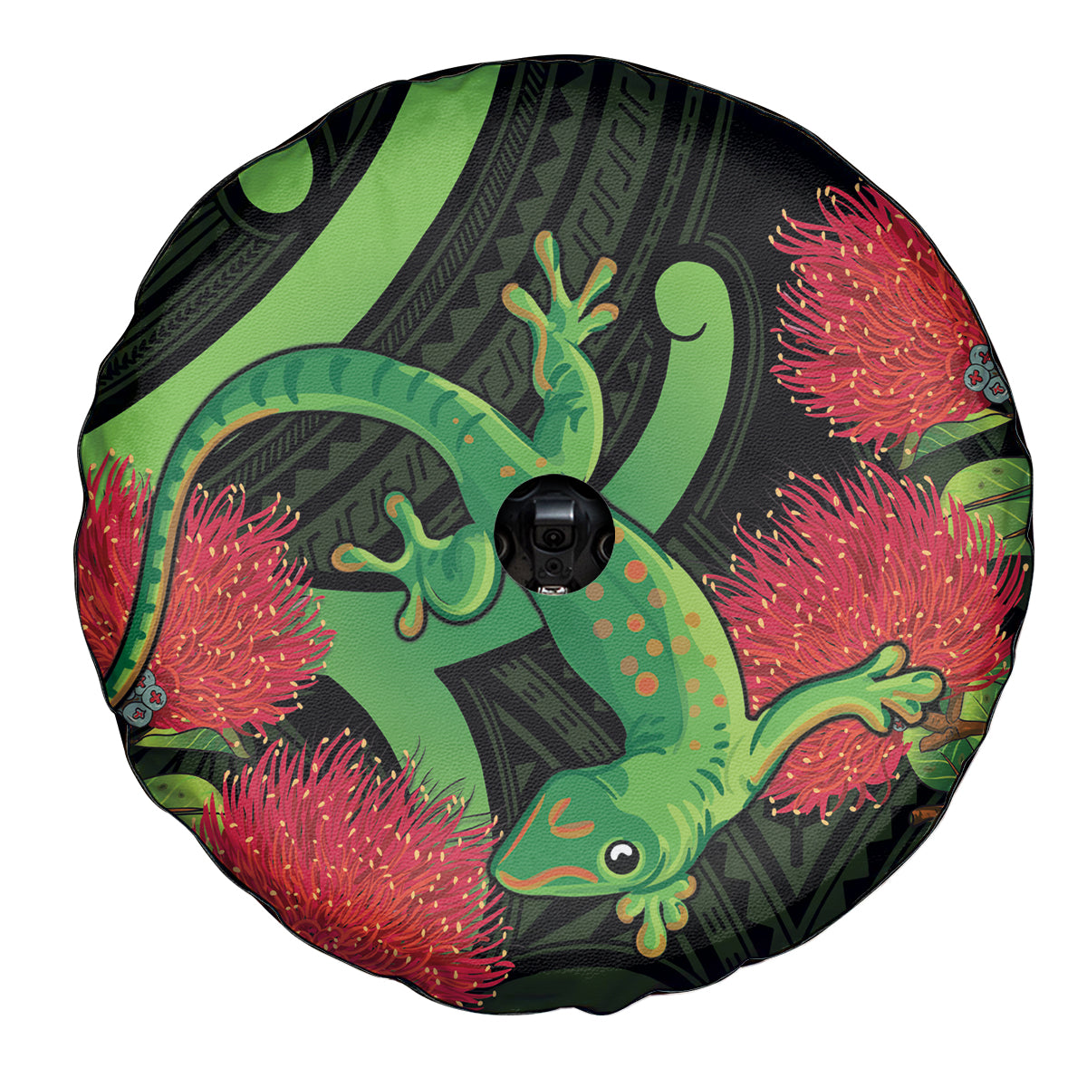 New Zealand Gecko Spare Tire Cover Aotearoa Maori With Pohutukawa Flowers LT14 - Polynesian Pride