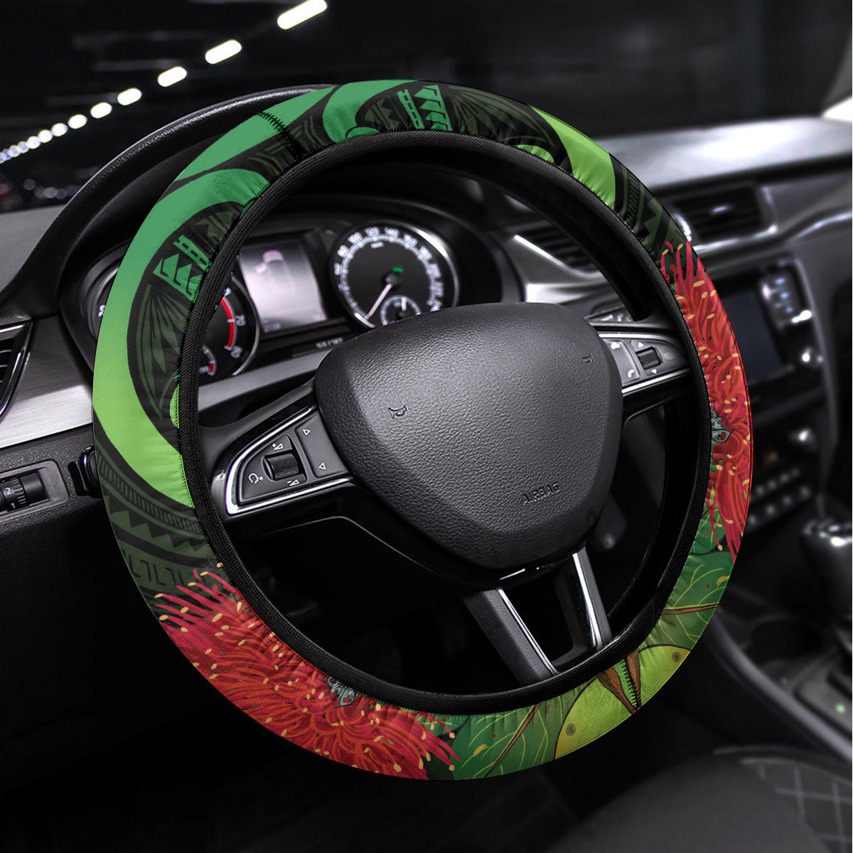 New Zealand Gecko Steering Wheel Cover Aotearoa Maori With Pohutukawa Flowers LT14 Universal Fit Black - Polynesian Pride
