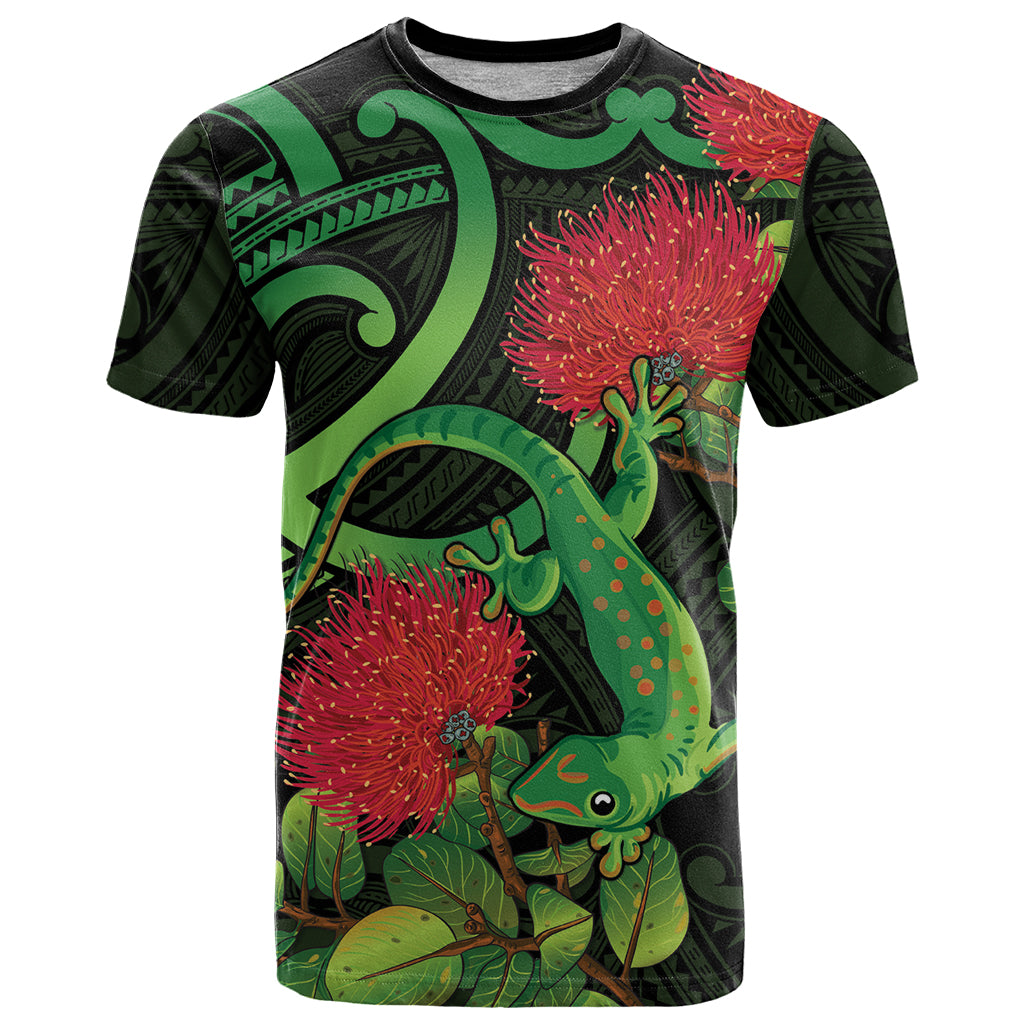 New Zealand Gecko T Shirt Aotearoa Maori With Pohutukawa Flowers LT14 Black - Polynesian Pride