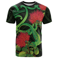 New Zealand Gecko T Shirt Aotearoa Maori With Pohutukawa Flowers LT14 Black - Polynesian Pride