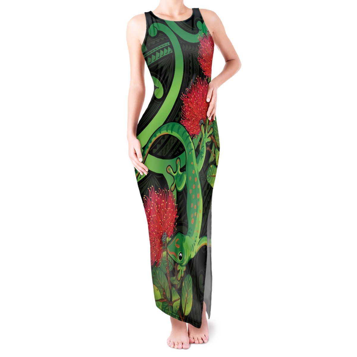 New Zealand Gecko Tank Maxi Dress Aotearoa Maori With Pohutukawa Flowers LT14 Women Black - Polynesian Pride