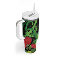 New Zealand Gecko Tumbler With Handle Aotearoa Maori With Pohutukawa Flowers LT14 - Polynesian Pride