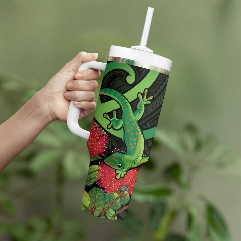 New Zealand Gecko Tumbler With Handle Aotearoa Maori With Pohutukawa Flowers LT14 - Polynesian Pride