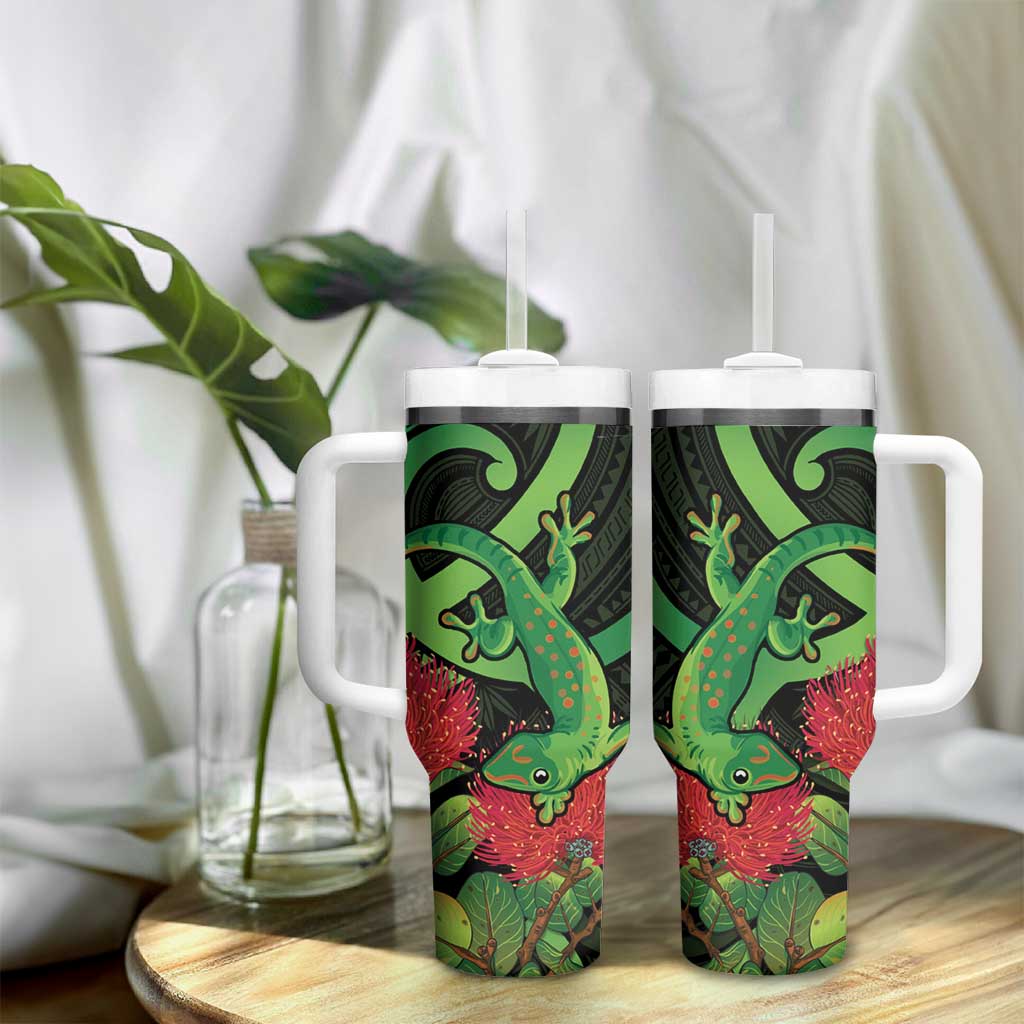 New Zealand Gecko Tumbler With Handle Aotearoa Maori With Pohutukawa Flowers LT14 - Polynesian Pride
