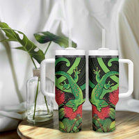 New Zealand Gecko Tumbler With Handle Aotearoa Maori With Pohutukawa Flowers LT14 - Polynesian Pride