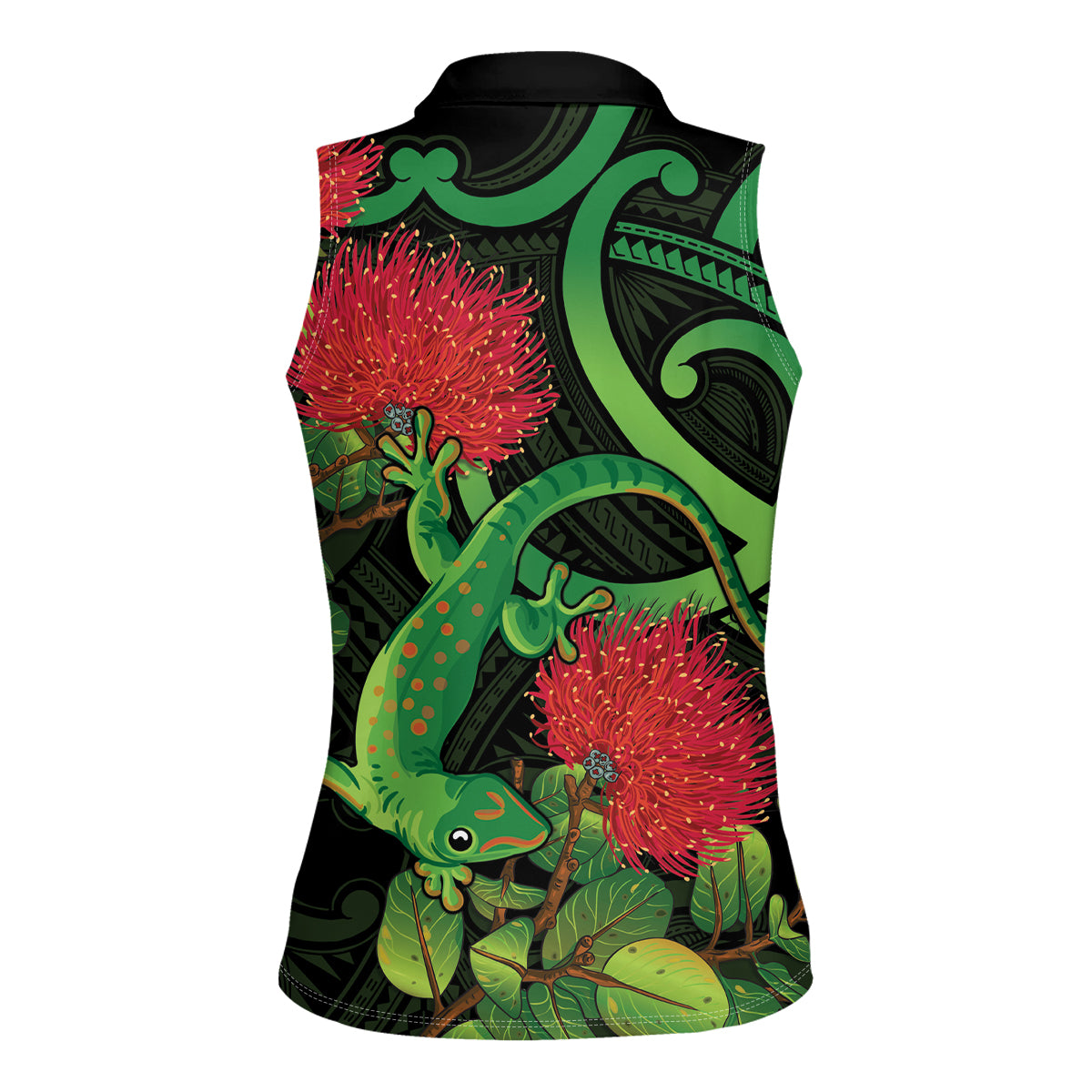 New Zealand Gecko Women Sleeveless Polo Shirt Aotearoa Maori With Pohutukawa Flowers LT14 - Polynesian Pride