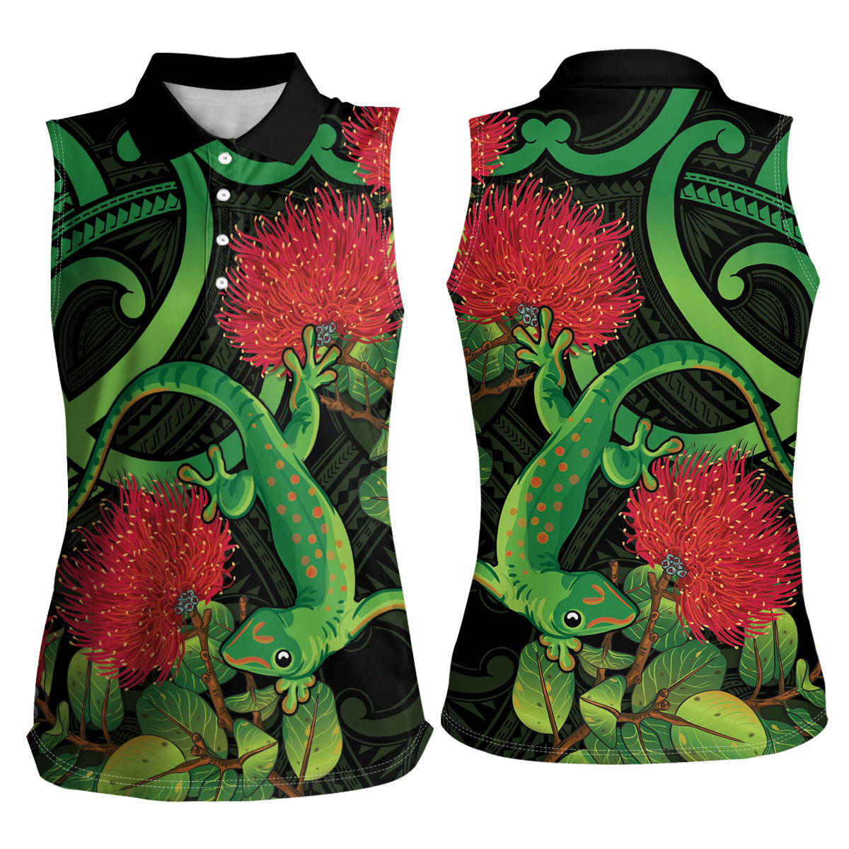 New Zealand Gecko Women Sleeveless Polo Shirt Aotearoa Maori With Pohutukawa Flowers LT14 - Polynesian Pride